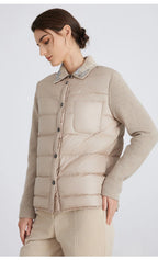 BC911 Polo collar spliced 100% cashmere long sleeve single breasted white goose down jacket for women