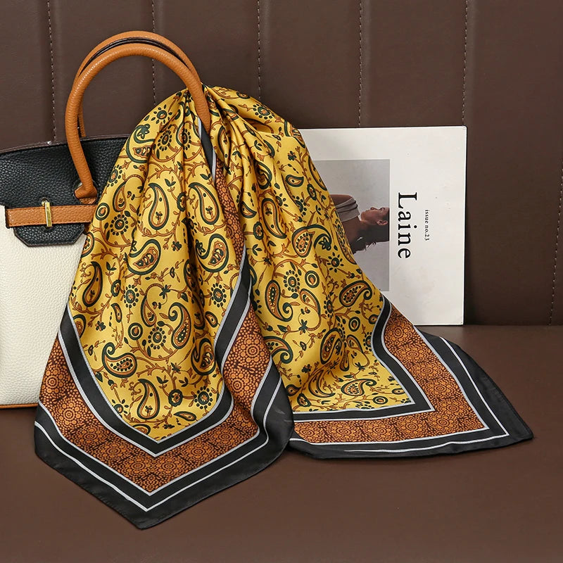 Luxury Print Satin Silk Square Scarf for Women Shawl Hijab Neckerchief Female Hair Ribbon Headband Fashion Wrap Bandana 2023 New