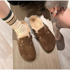 New Women Slippers Fur Flats Short Plush Mules Shoes Women Fashion Buckle Soft Sole Cotton Shoes Suede Home Warm Slippers Mules