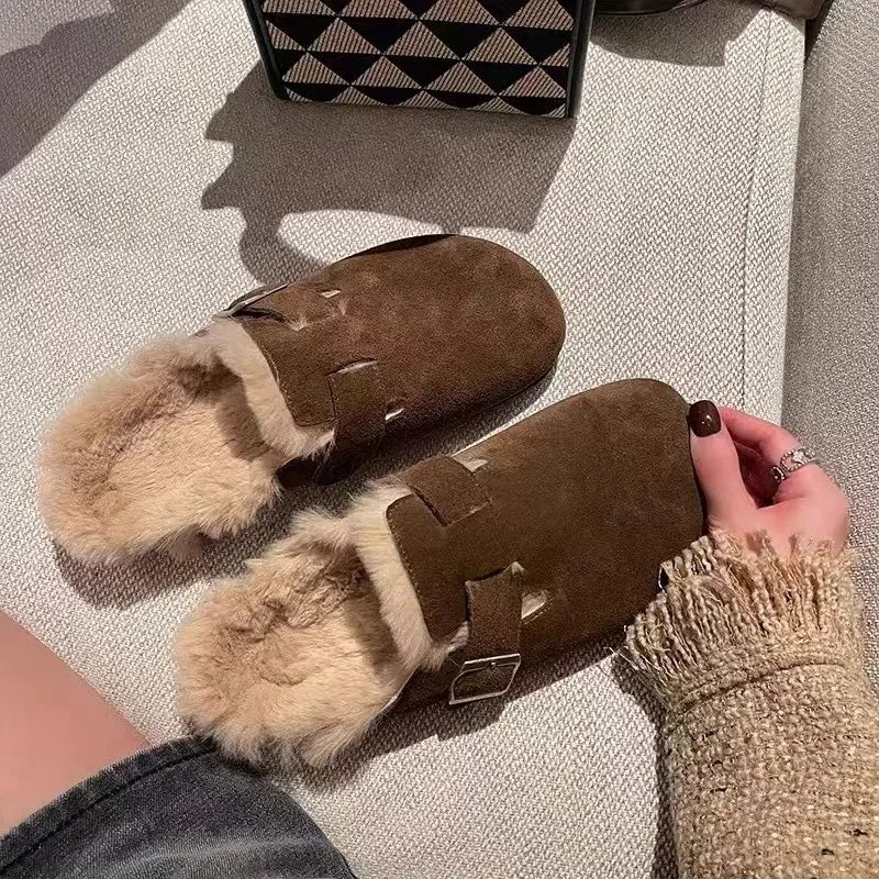 New Women Slippers Fur Flats Short Plush Mules Shoes Women Fashion Buckle Soft Sole Cotton Shoes Suede Home Warm Slippers Mules