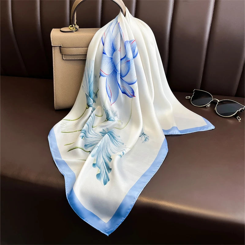 Luxury Print Satin Silk Square Scarf for Women Shawl Hijab Neckerchief Female Hair Ribbon Headband Fashion Wrap Bandana 2023 New