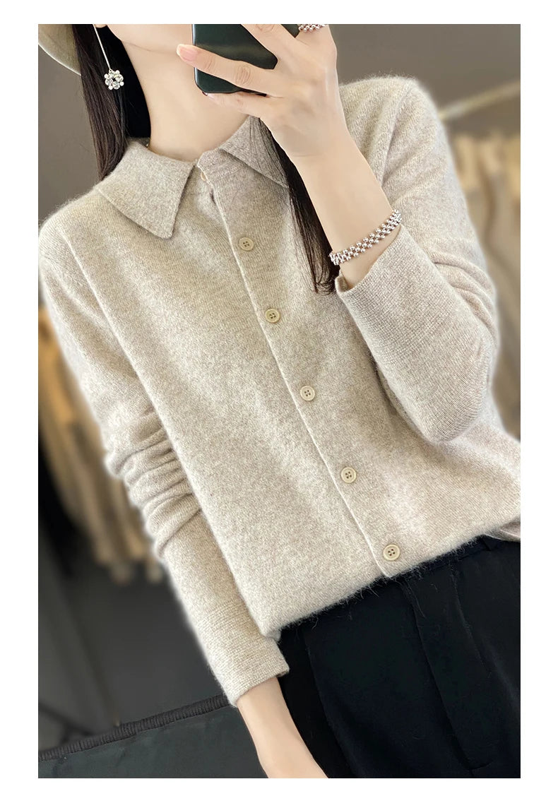 100% Mink Cashmere POLO Collar Women's Sweater Cardigan Solid Color Thick warm Cardigan Sweater For Women 2023 Autumn/Winter New