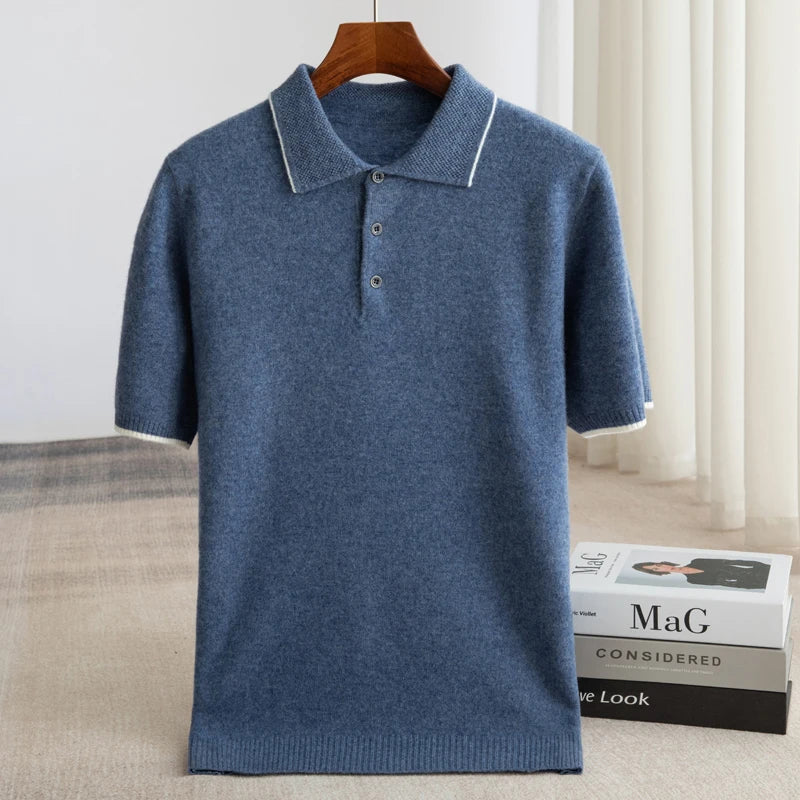 100% Merino wool men's lapel short sleeved sweater T-shirt new knitted casual business men's pullover sweater wool T-shirt summe