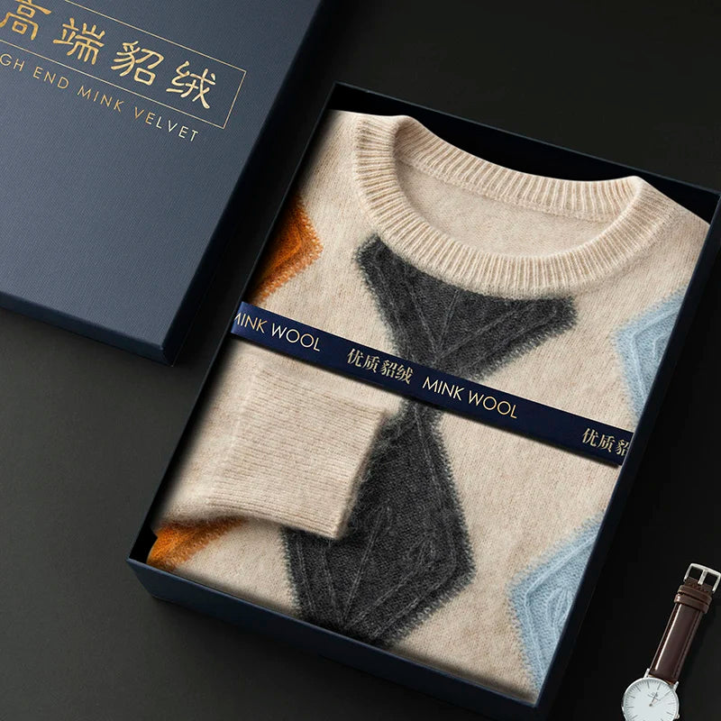 Autumn And Winter Mink Cashmere Sweater Men's Round Neck Thick Sweater Color Matching Business Jacquard Knit Bottoming Shirt