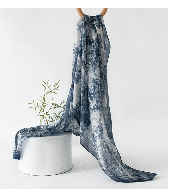 Spring and summer long strip 100% mulberry silk scarf blue silk scarf high literary sense sun protection large shawl thin