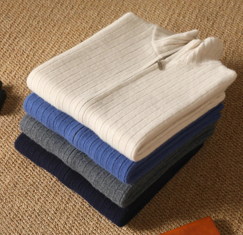 Men 100% Merino Wool Stand-Up Collar Cardigan Casual Knit Business Zipper Coat Autumn Winter Versatile Warm Men Cashmere Jacket
