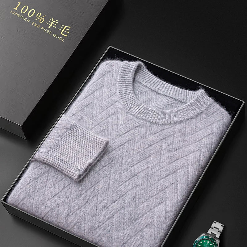 Winter Thick Warm Jacquard Cashmere Round Neck Sweater Men's Slim Fashion Pullover Knitted Wool Bottoming Shirt