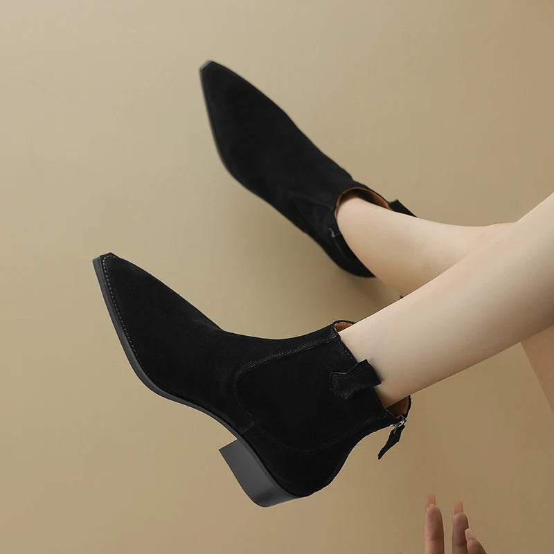 AIYUQI Women's Ankle Boots 2025 New Pointed Toe Zippered Western Cowboy Boots For Women Block Heel Work Boots Female