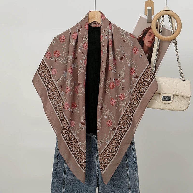 110*110cm Satin Square Scarf Women Big Size Shawl Ink Wash Style Luxury Design Scarf Floral Printed Handkerchief Damask Hijab