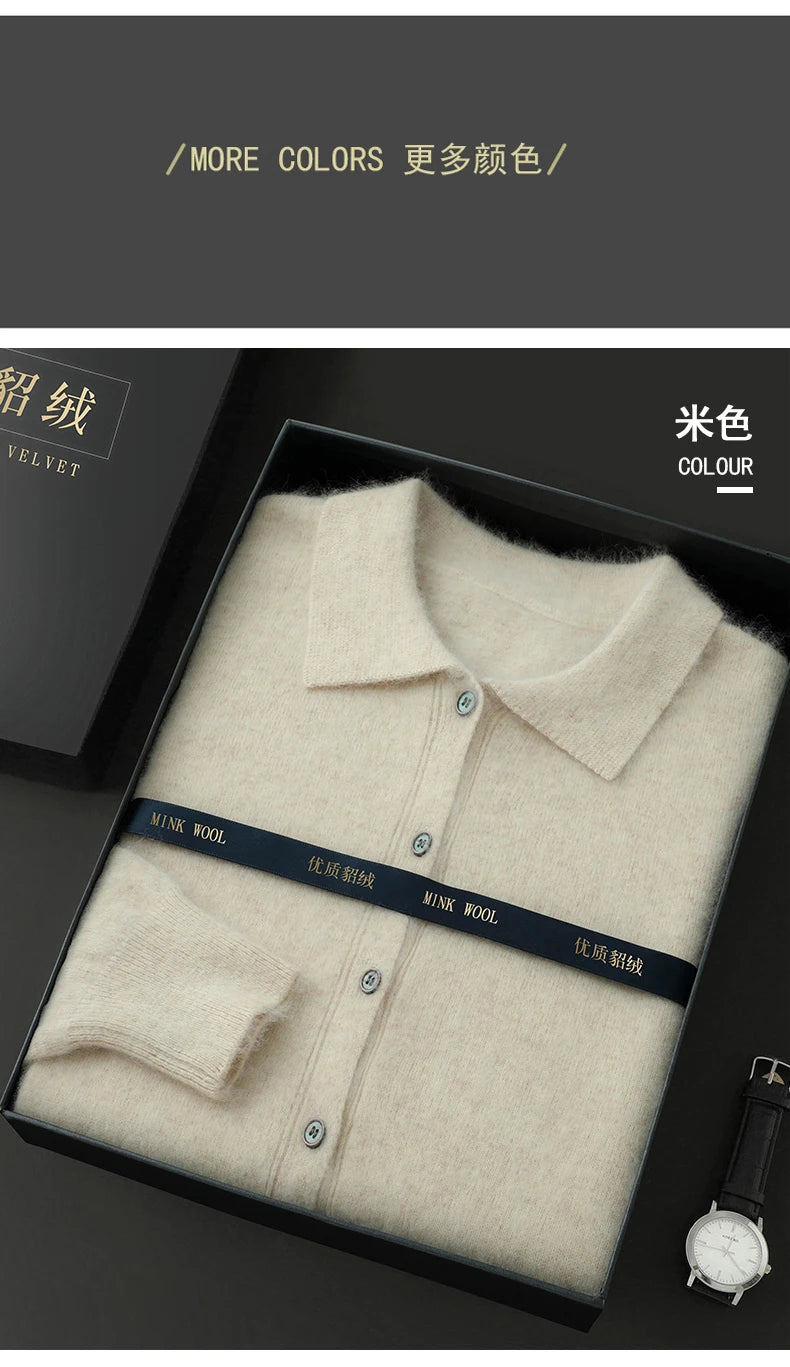 100% Pure Mink Cashmere Sweater Men's POLO Collar Wears Thick Button-Down Lapels And Solid Color Casual Knitted Bottoming Shirt