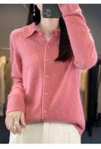 100% Mink Cashmere POLO Collar Women's Sweater Cardigan Solid Color Thick warm Cardigan Sweater For Women 2023 Autumn/Winter New