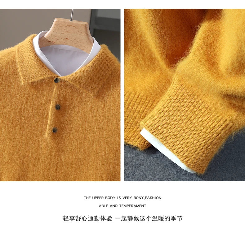 2025 Autumn And Winter New Men's Mink Wool Sweater POLO Collar Pullover Business Thick Warm Loose Oversized Knitted Sweater Tops