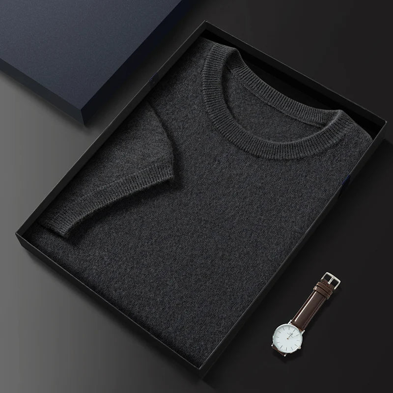 100% Pure Goat Cashmere Men's Crewneck Pullover Sweater Basic Half Sleeve Sweater Solid Color Business Casual Men's Top