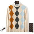 Autumn And Winter Mink Cashmere Sweater Men's Round Neck Thick Sweater Color Matching Business Jacquard Knit Bottoming Shirt