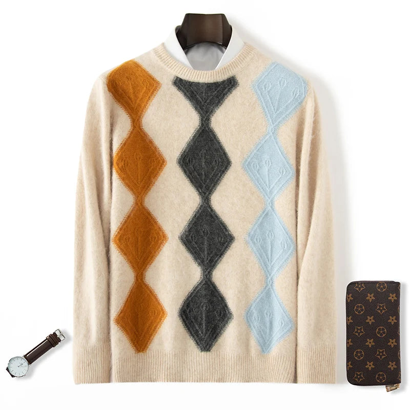 Autumn And Winter Mink Cashmere Sweater Men's Round Neck Thick Sweater Color Matching Business Jacquard Knit Bottoming Shirt