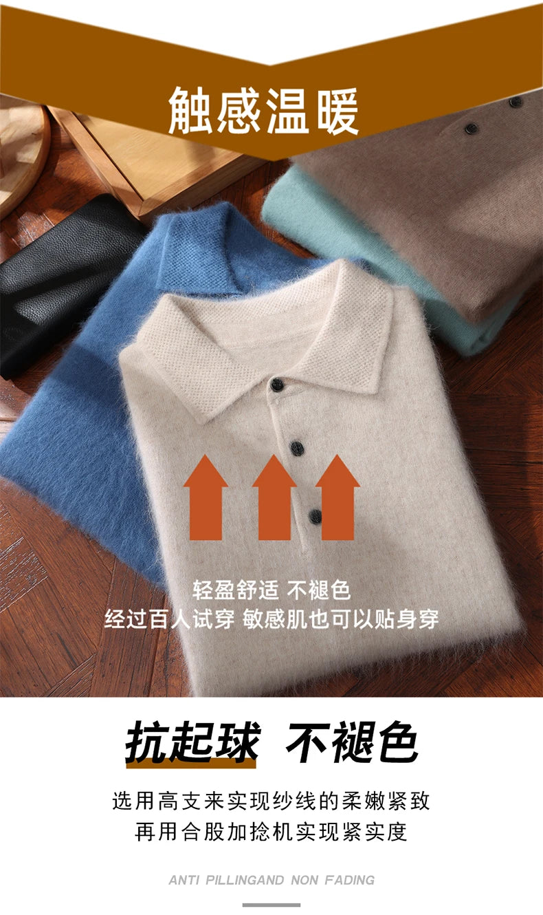 2025 Autumn And Winter New Men's Mink Wool Sweater POLO Collar Pullover Business Thick Warm Loose Oversized Knitted Sweater Tops