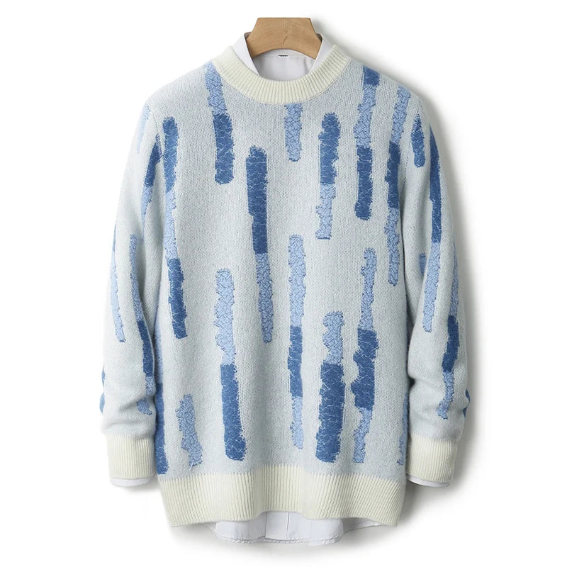 New 100% Pure Wool Men's O-neck Pullover 2025 Autumn/Winter Color Matching Top Casual Thick Fashion Large Size Jumper Sweater