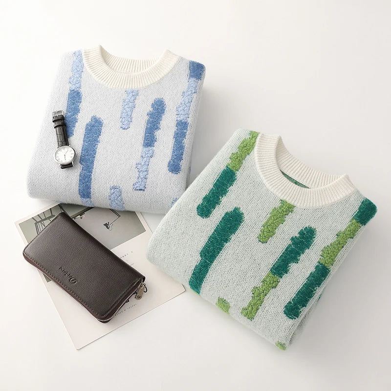 New 100% Pure Wool Men's O-neck Pullover 2025 Autumn/Winter Color Matching Top Casual Thick Fashion Large Size Jumper Sweater