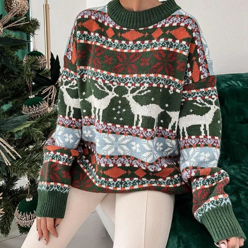 Y2k Style 2025 Winter Women Christmas Sweaters Allover Print Oversized Jumpers Full Sleeve Knitwear Warm Thick Knit Pullover Top