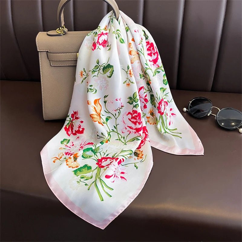 Luxury Print Satin Silk Square Scarf for Women Shawl Hijab Neckerchief Female Hair Ribbon Headband Fashion Wrap Bandana 2023 New