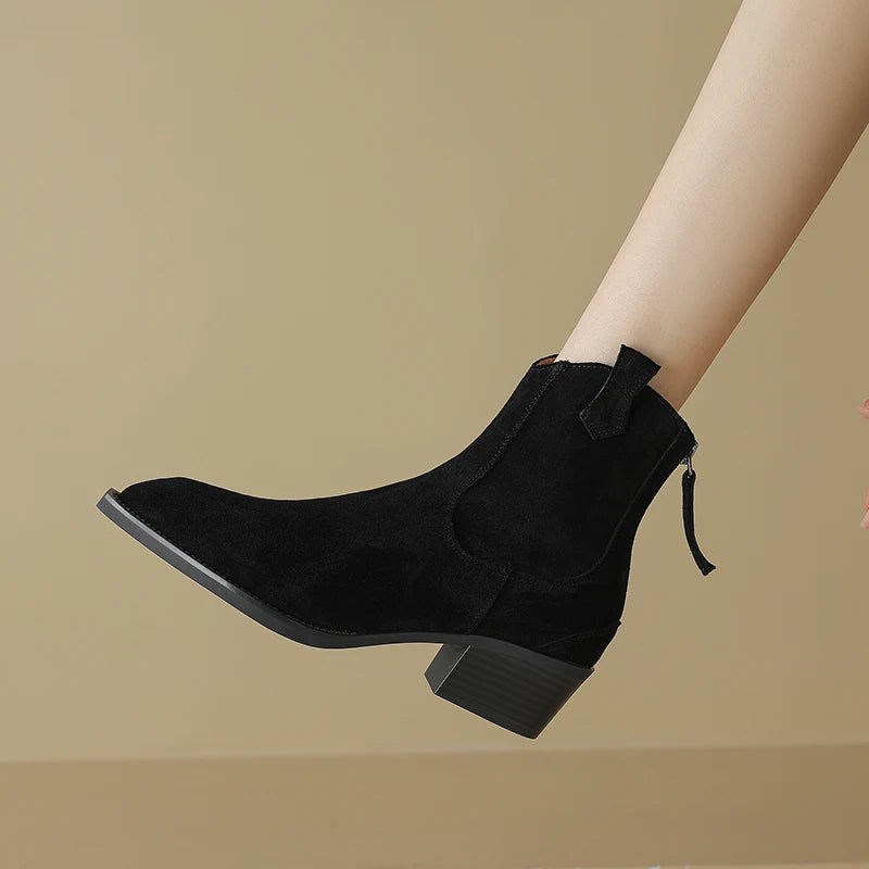 AIYUQI Women's Ankle Boots 2025 New Pointed Toe Zippered Western Cowboy Boots For Women Block Heel Work Boots Female