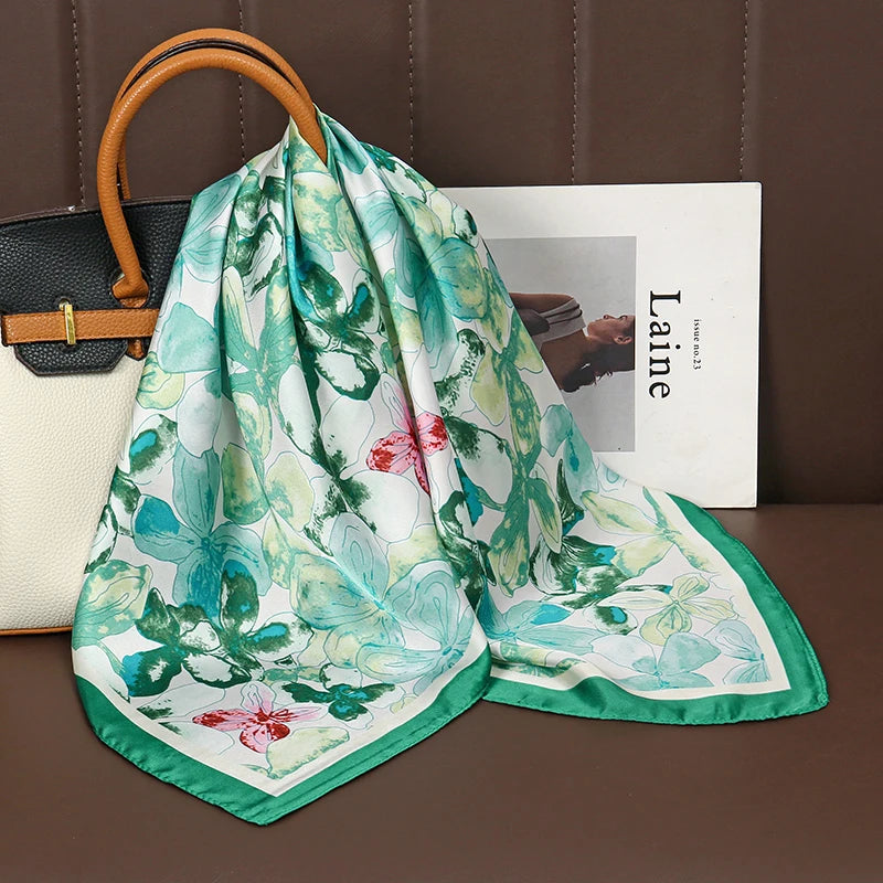 Luxury Print Satin Silk Square Scarf for Women Shawl Hijab Neckerchief Female Hair Ribbon Headband Fashion Wrap Bandana 2023 New