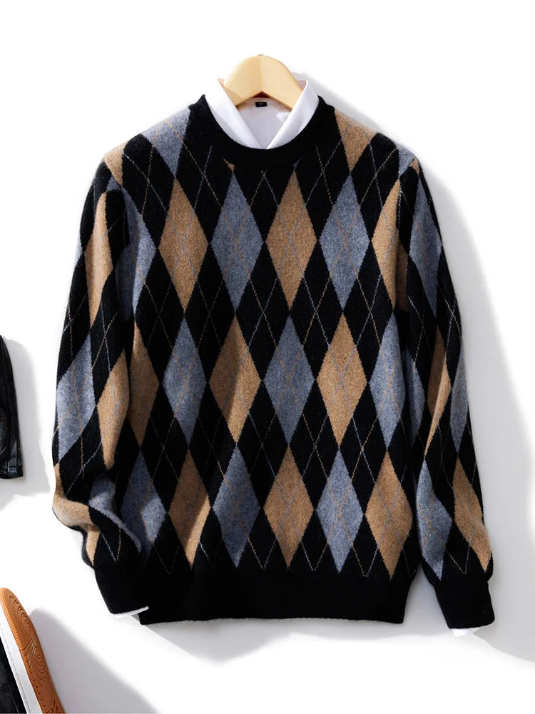 New 100% Pure Wool Cashmere Men's O-neck Pullover Autumn And Winter Color Matching Top Casual Thick Fashion Large Size Jacket