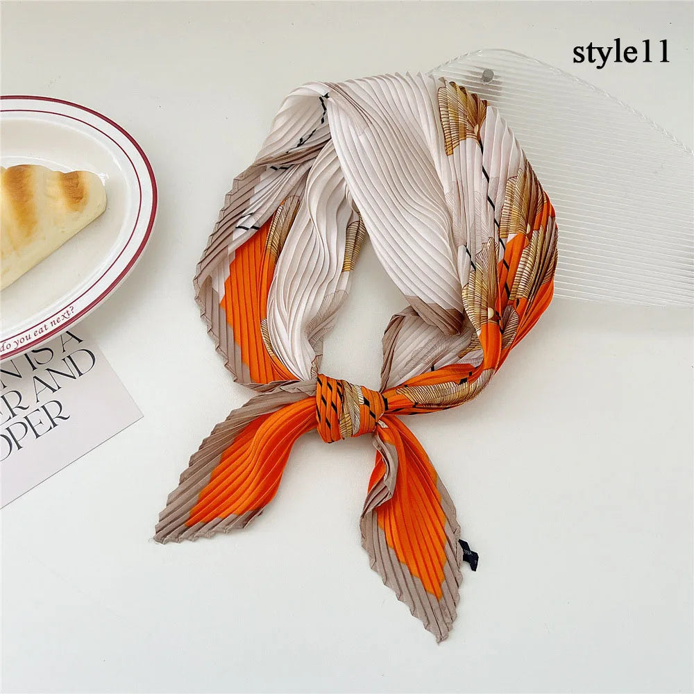 Silk Scarf Women Luxury Ladies Small Head Scarf Wholesale Scarves Headwraps Pleated Chiffon Hijabs Satin Hijabe Femme Bandanas