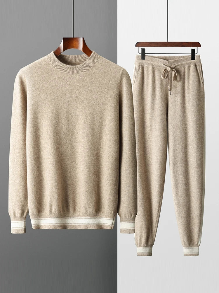Yoyoselect Men 100% Cashmere Sweater Suit O Neck Pullover Casual Pants Luxury Soft Knitwear Autumn Winter Thick Warm Clothing