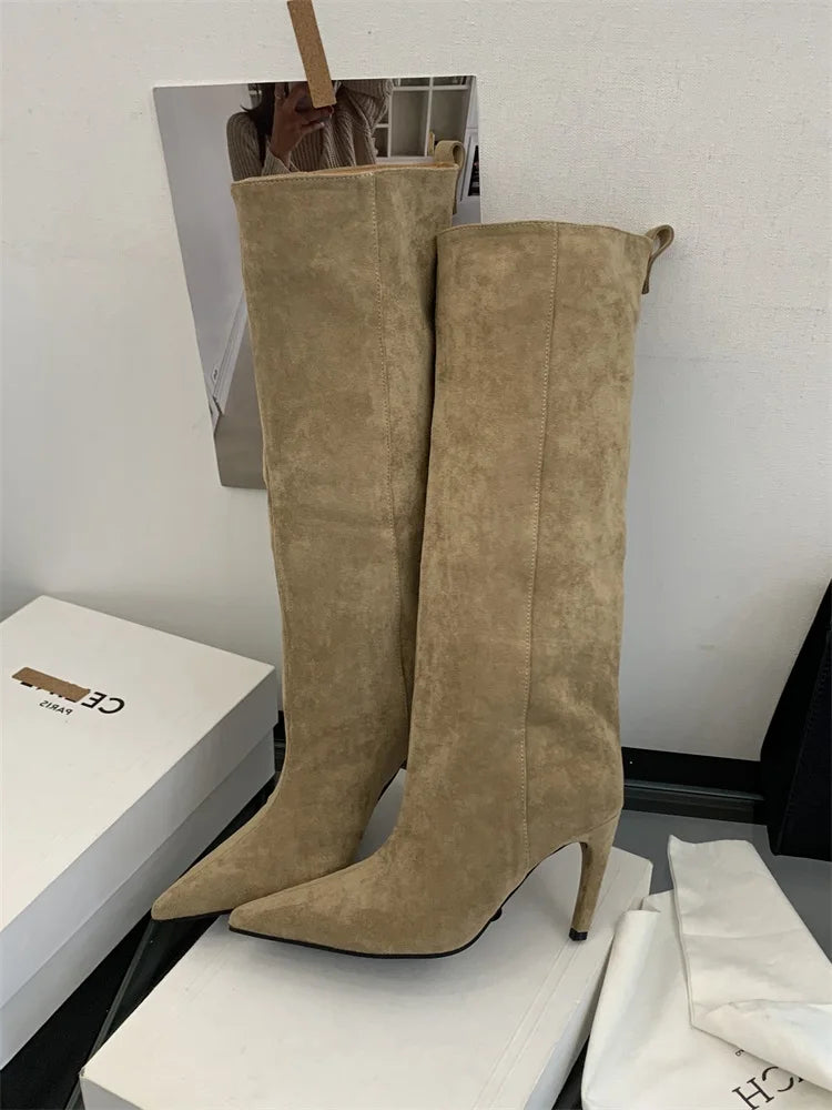 Aneikeh Fashion Winter Pointed Toe Knee-High Women Boots Thin Heels Shoes Female Punk Long Booties Zapatos De Muje