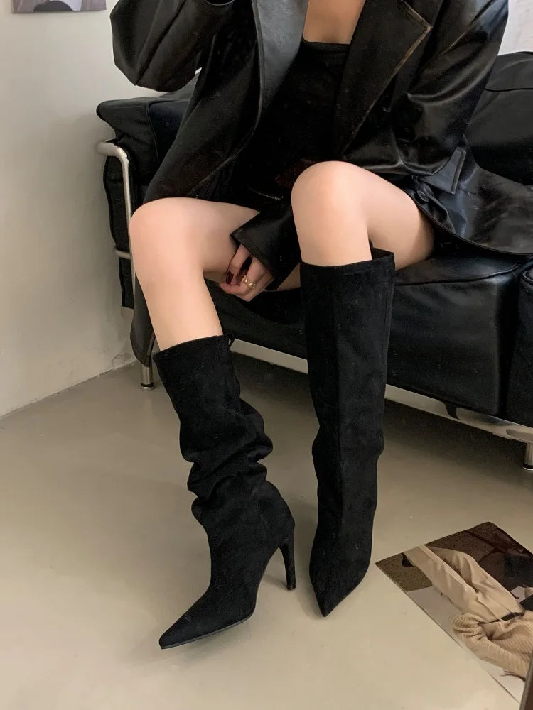 Aneikeh Fashion Winter Pointed Toe Knee-High Women Boots Thin Heels Shoes Female Punk Long Booties Zapatos De Muje