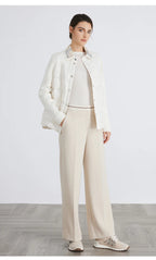 BC911 Polo collar spliced 100% cashmere long sleeve single breasted white goose down jacket for women