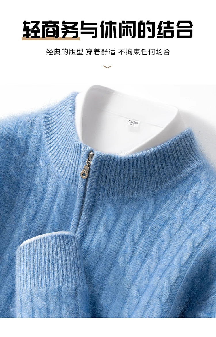 Men's 100% Pure Cashmere Pullover Thickened Warm Zipper Sweater High Collar Loose Top Business Leisure Solid Knitted