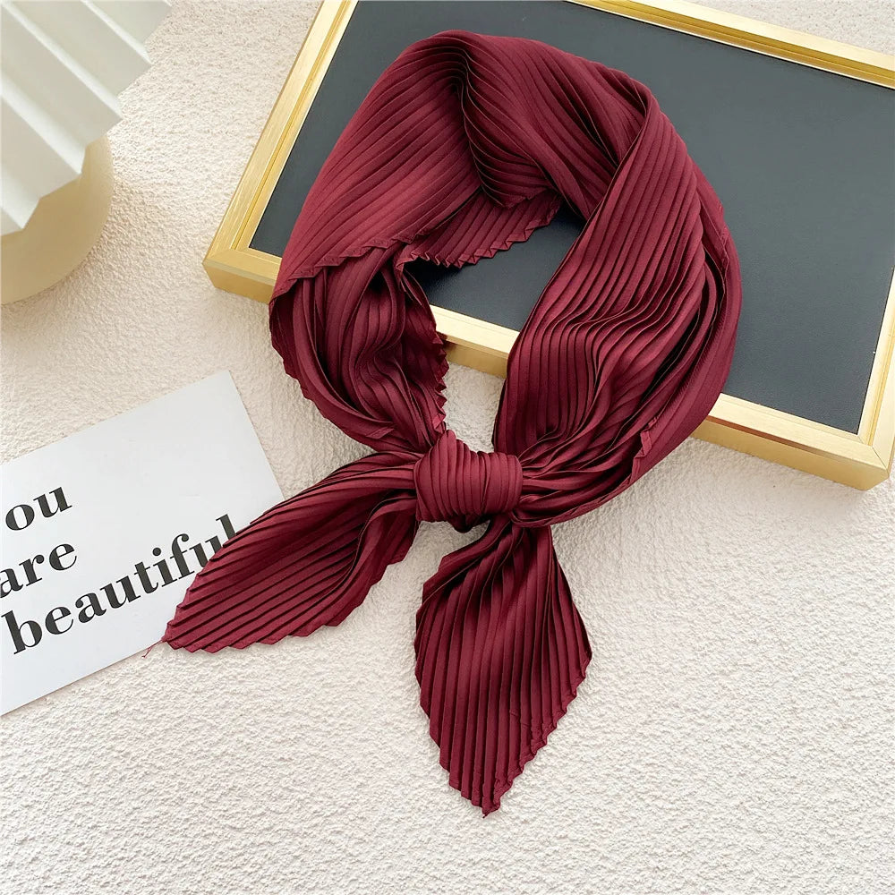 Peony Flower Pleated Silk Scarf Square Neck Scarves Crinkle Hair Bands Scarf Bandana Satin Hijab Head Wraps Neckerchief 70cm