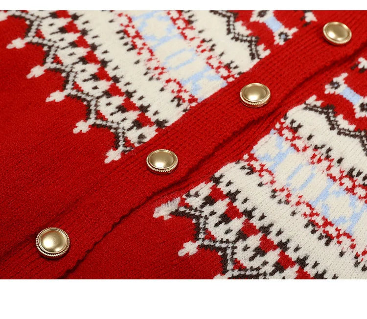 LOUIS YAO Jacquard Color Contrasting Cardigan 2025 Autumn/Winter Knitwear Christmas Day Casual Round Neck Women's Knitted Shirt