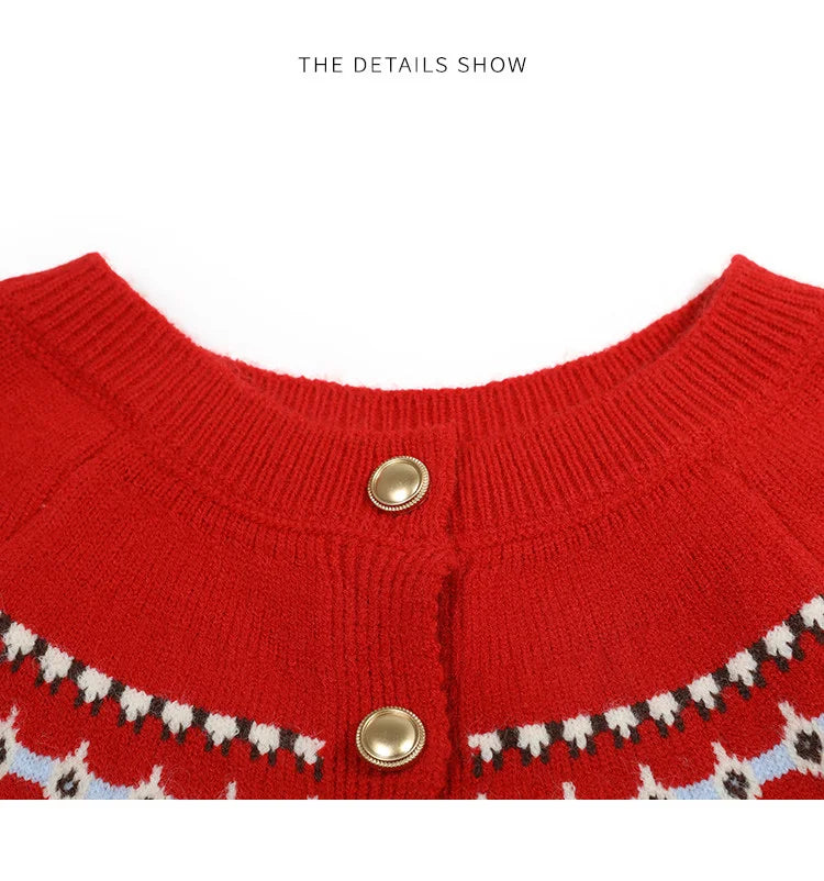 LOUIS YAO Jacquard Color Contrasting Cardigan 2025 Autumn/Winter Knitwear Christmas Day Casual Round Neck Women's Knitted Shirt