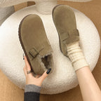 Classic Belt Buckle Loafer Woman Spring/Winter Cotton Fur Lined Flats Barefoot Shoes Ladies Cozy Slip on Driving Mocasines Femme