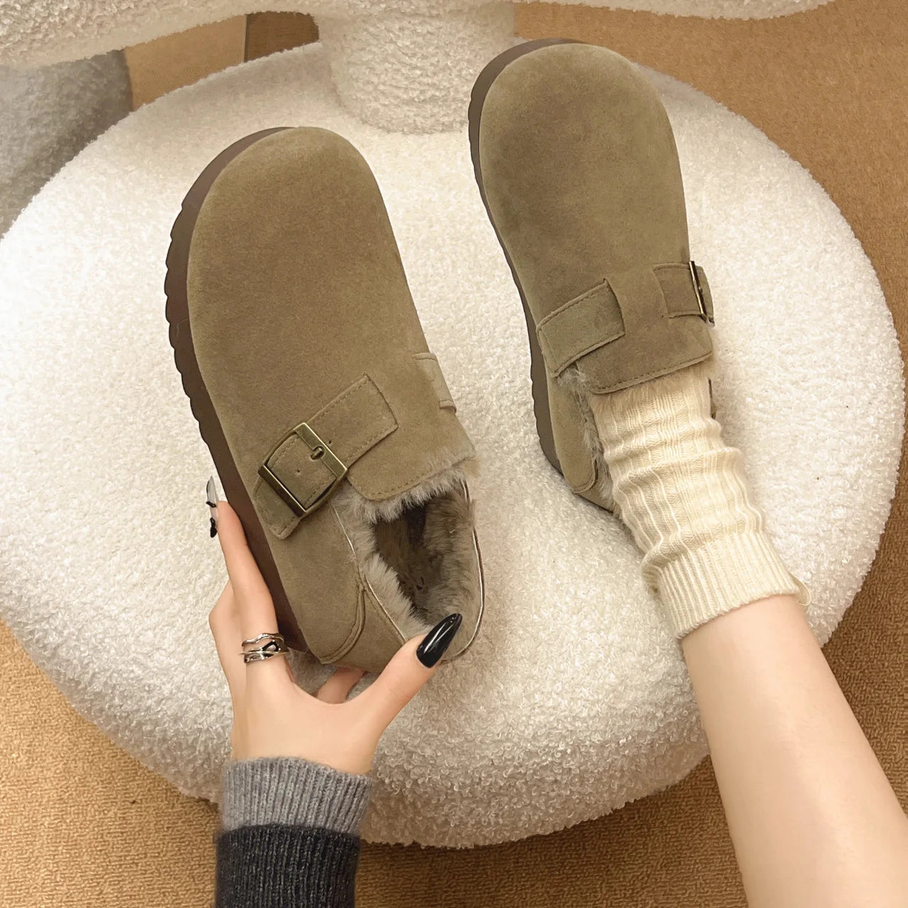 Classic Belt Buckle Loafer Woman Spring/Winter Cotton Fur Lined Flats Barefoot Shoes Ladies Cozy Slip on Driving Mocasines Femme