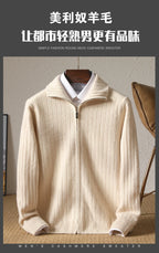 Men 100% Merino Wool Stand-Up Collar Cardigan Casual Knit Business Zipper Coat Autumn Winter Versatile Warm Men Cashmere Jacket