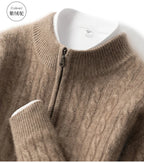 Men's 100% Pure Cashmere Pullover Thickened Warm Zipper Sweater High Collar Loose Top Business Leisure Solid Knitted
