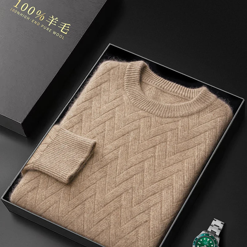 Winter Thick Warm Jacquard Cashmere Round Neck Sweater Men's Slim Fashion Pullover Knitted Wool Bottoming Shirt