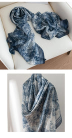 Spring and summer long strip 100% mulberry silk scarf blue silk scarf high literary sense sun protection large shawl thin
