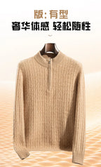 Men's 100% Pure Cashmere Pullover Thickened Warm Zipper Sweater High Collar Loose Top Business Leisure Solid Knitted