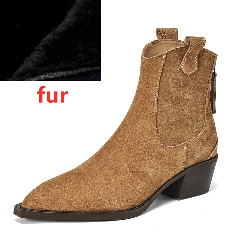 AIYUQI Women's Ankle Boots 2025 New Pointed Toe Zippered Western Cowboy Boots For Women Block Heel Work Boots Female