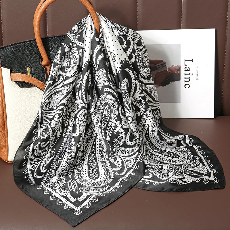 Luxury Print Satin Silk Square Scarf for Women Shawl Hijab Neckerchief Female Hair Ribbon Headband Fashion Wrap Bandana 2023 New