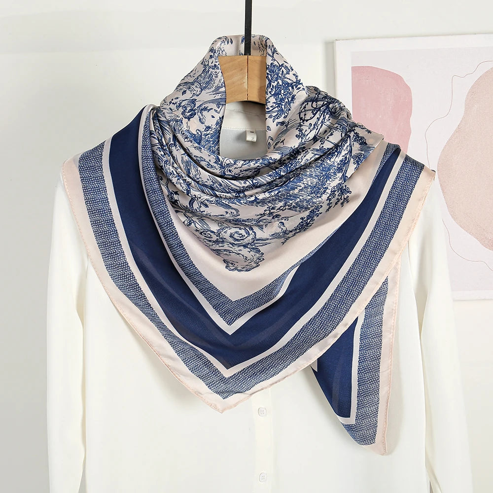 110*110cm Satin Square Scarf Women Big Size Shawl Ink Wash Style Luxury Design Scarf Floral Printed Handkerchief Damask Hijab