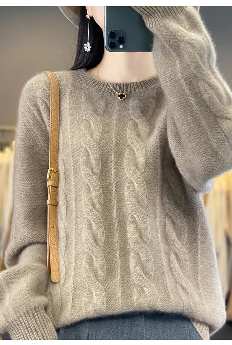 Women's 100% Pure Cashmere Sweater round Neck Twist Thick Loose Long Sleeve Bottoming Shirt for Autumn And Winter