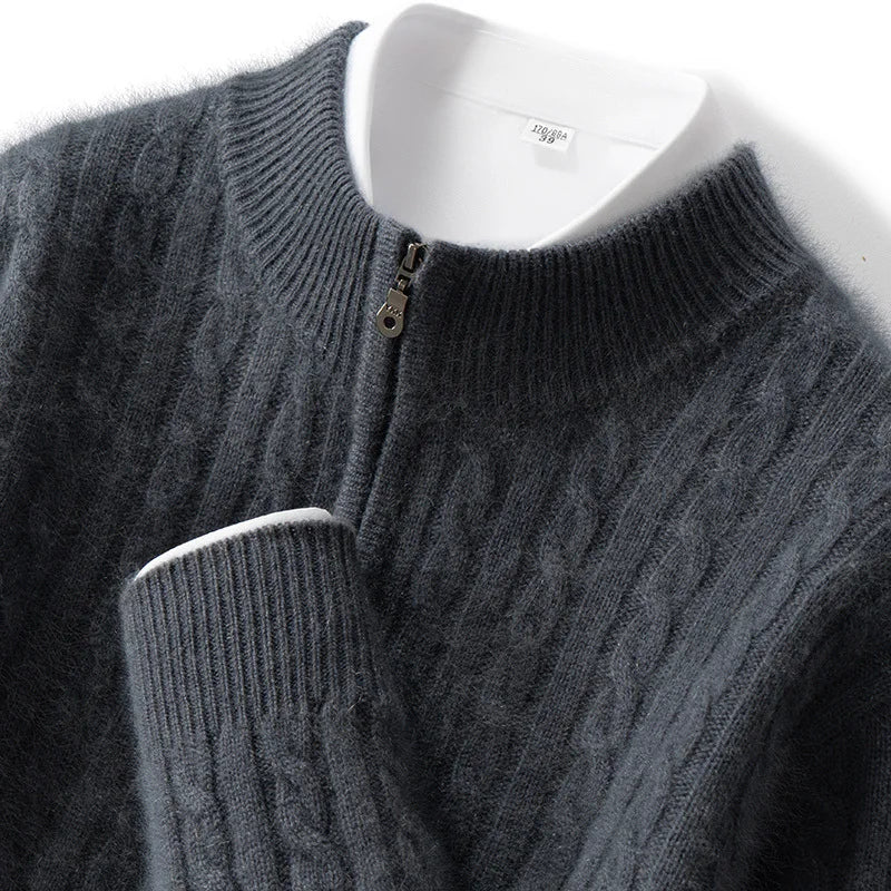 Men's 100% Pure Cashmere Pullover Thickened Warm Zipper Sweater High Collar Loose Top Business Leisure Solid Knitted