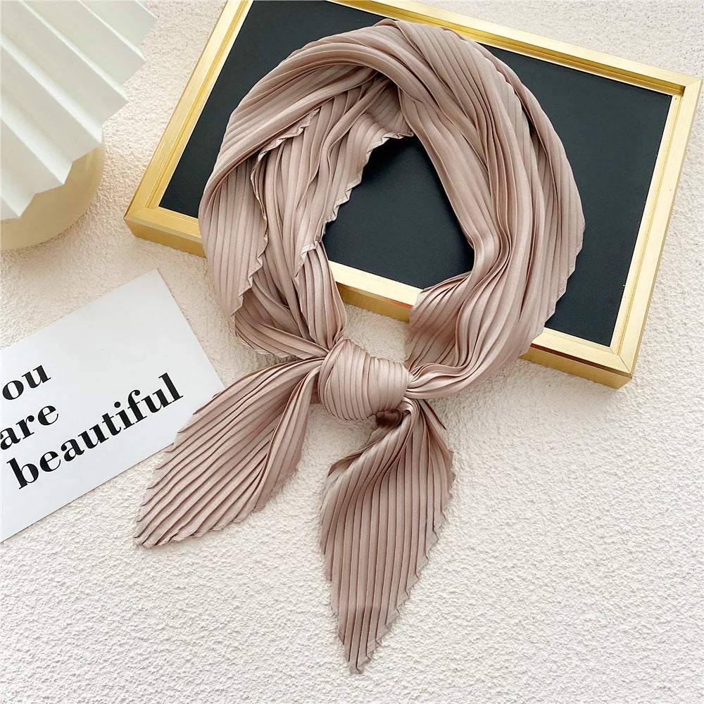 Peony Flower Pleated Silk Scarf Square Neck Scarves Crinkle Hair Bands Scarf Bandana Satin Hijab Head Wraps Neckerchief 70cm