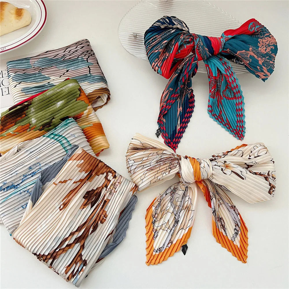 Peony Flower Pleated Silk Scarf Square Neck Scarves Crinkle Hair Bands Scarf Bandana Satin Hijab Head Wraps Neckerchief 70cm